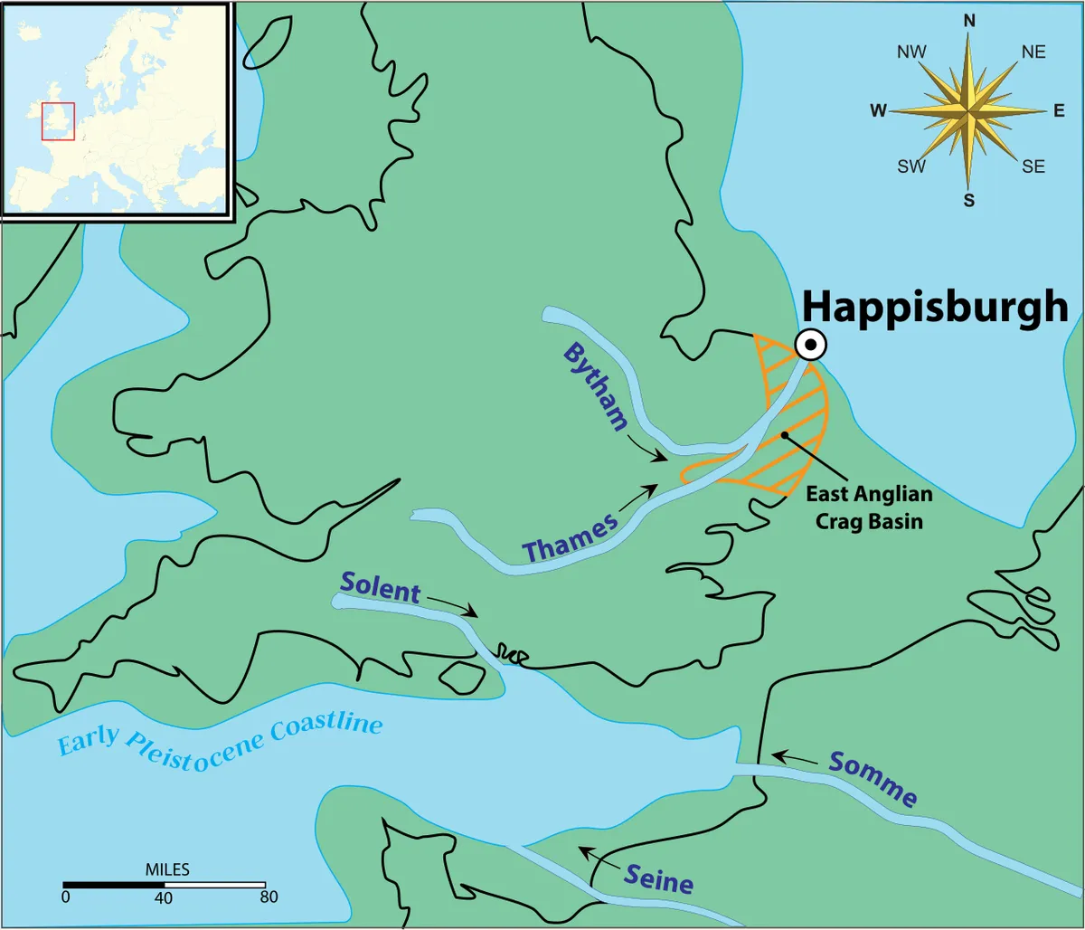 Map showing the location of pleistocene artifact discoveries at Happisburgh, Norfolk, UK
