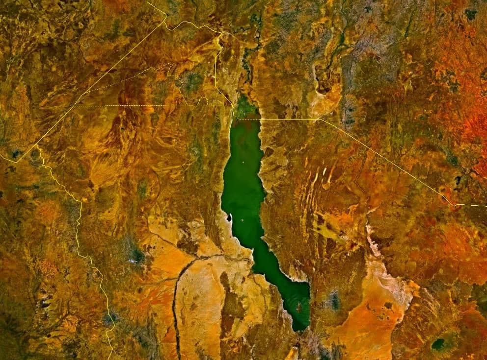 Lake Turkana, Kenya and Ethiopia. satellite image. The yellow lines denote the borders.